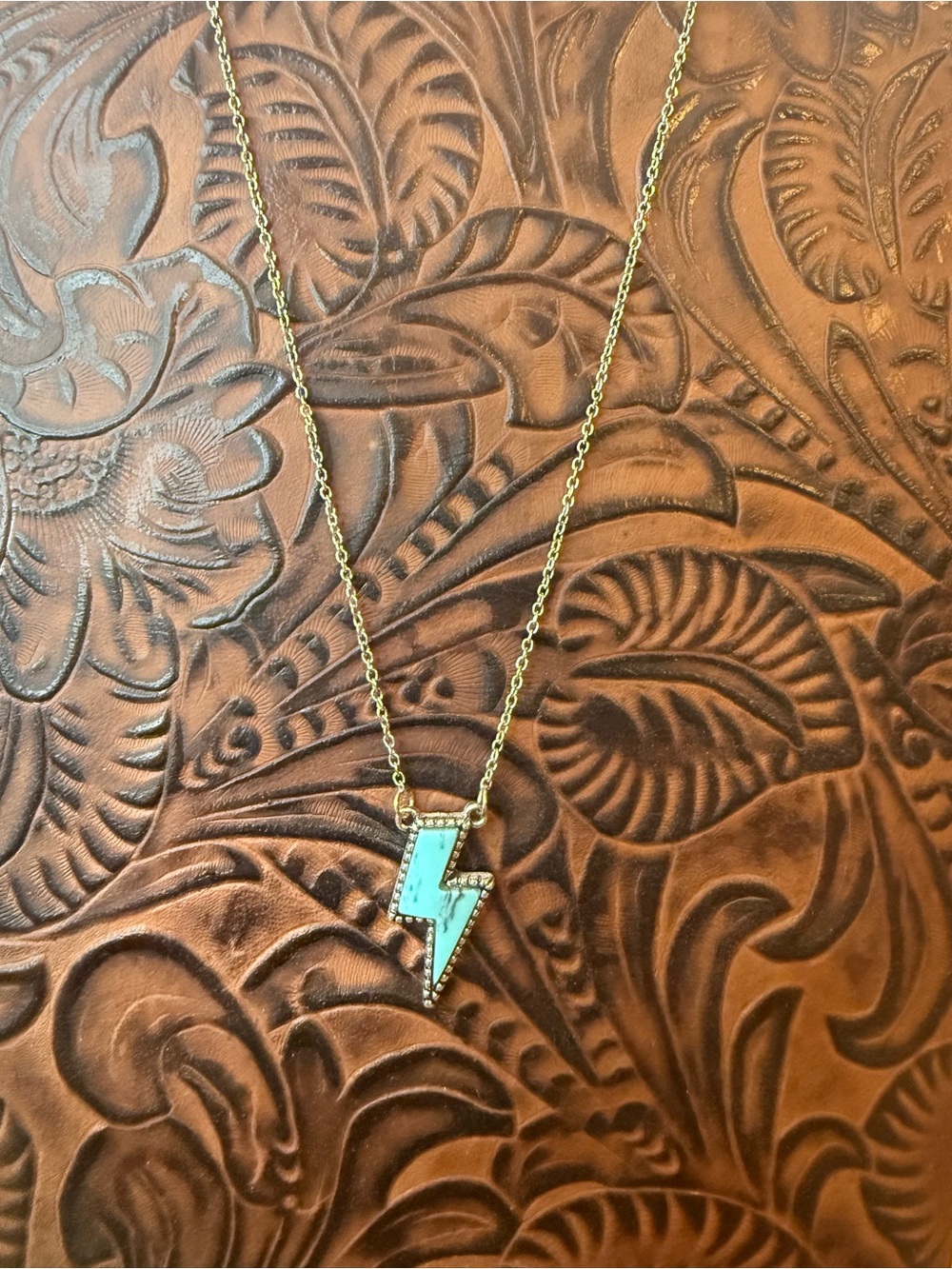 Gold Lightning Bolt Pendant Necklace with Turquoise Inlay